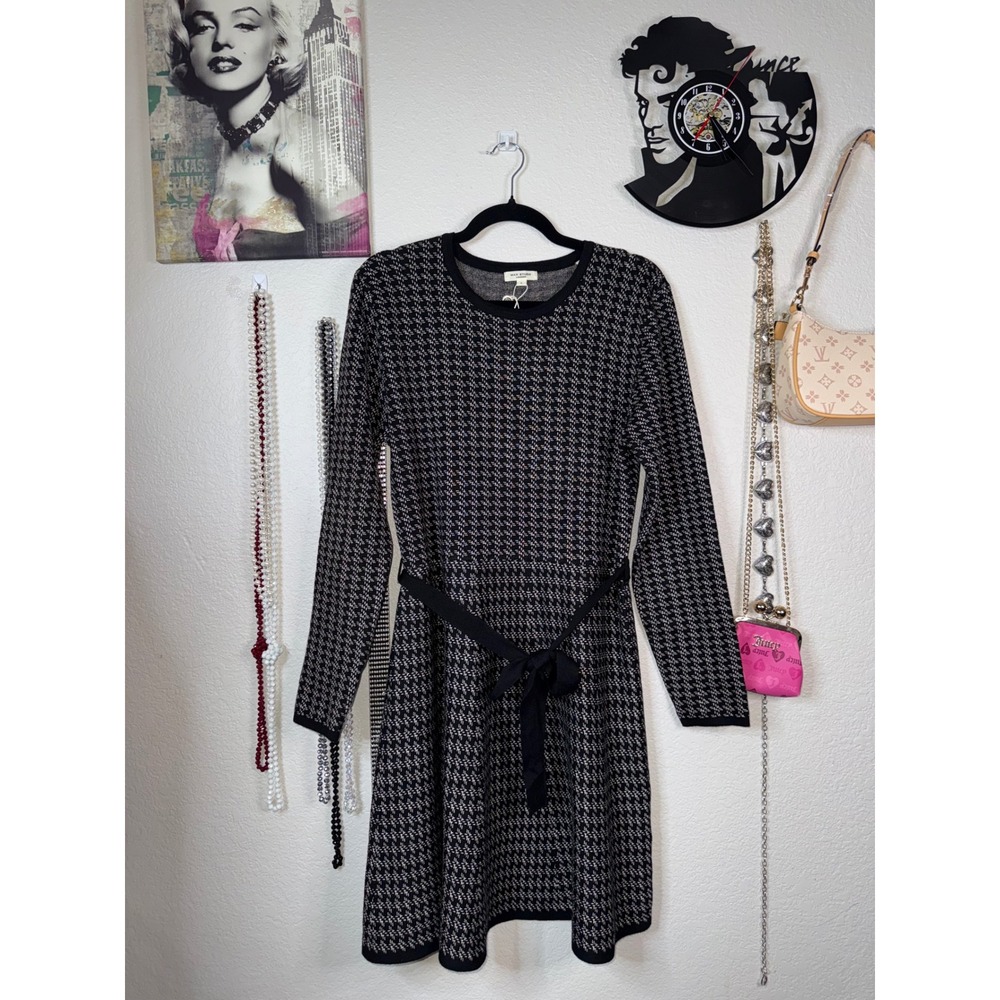 NWT Max Studio London Houndstooth Sweater Dress Belted Fit Flare Black Ivory L